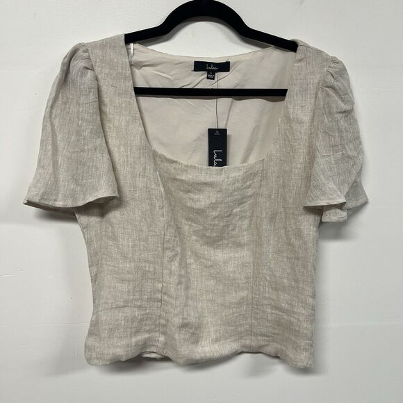 Lulus Square Neck Linen Top Womens Size L Cream Cropped Flutter Sleeve Lined - Picture 1 of 9